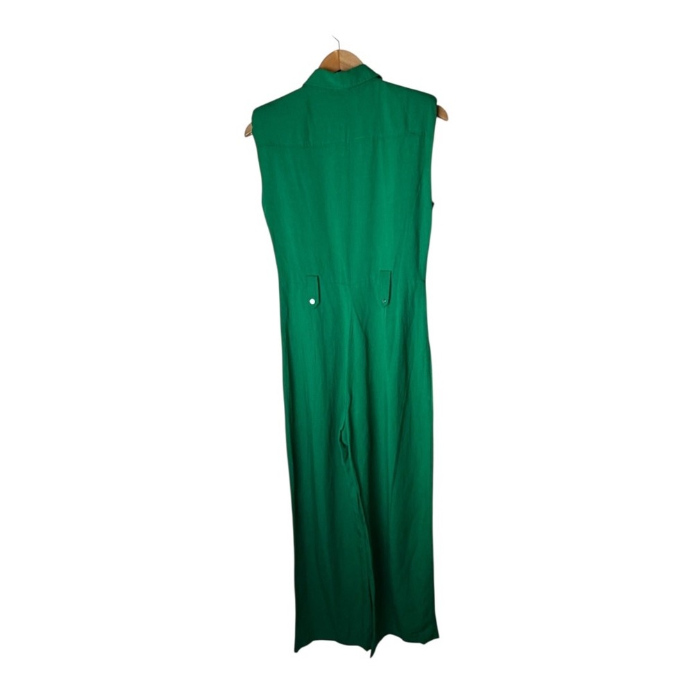 MNG Jumpsuit Women Small Green Linen Blend Collared‎ Wide Leg Jumpsuit Utility - Picture 4 of 14
